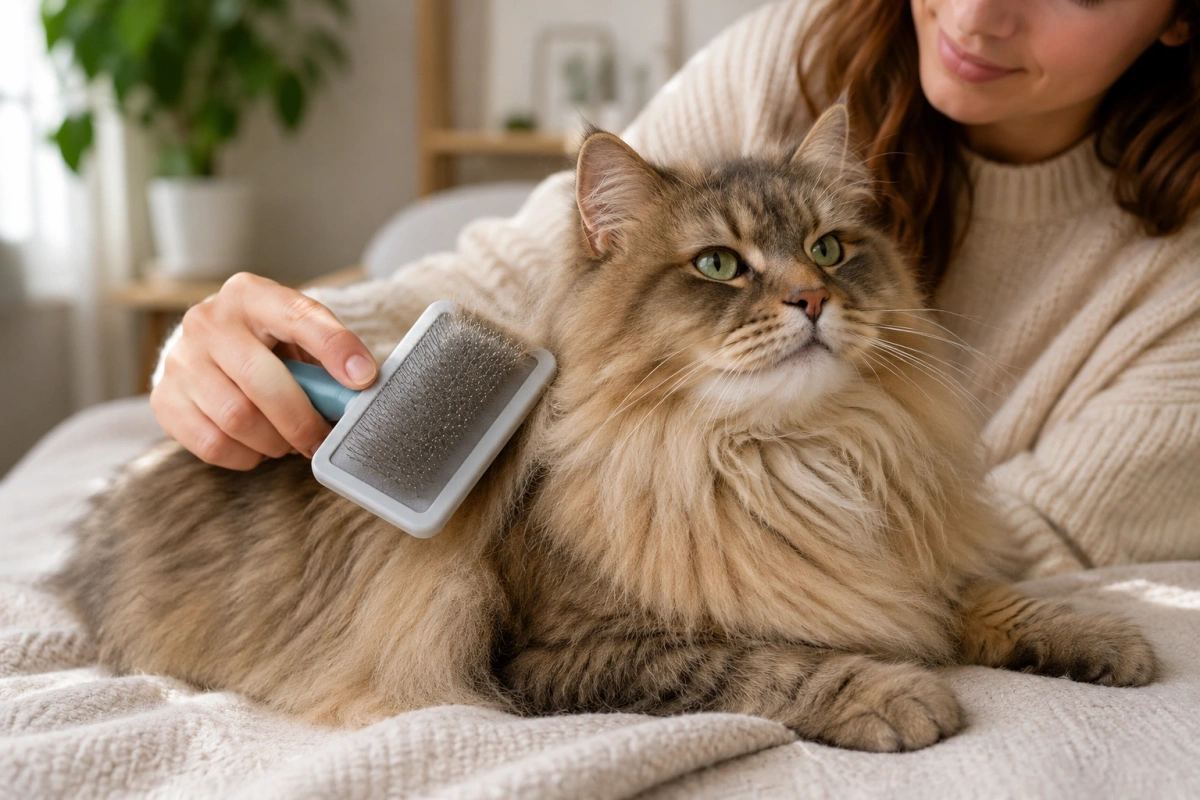 Slicker brush used gently on a long-haired cat