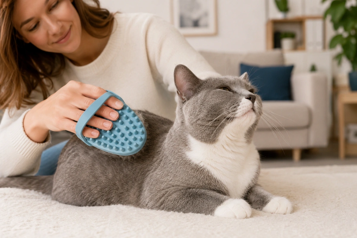Using a rubber grooming brush on a short-haired cat