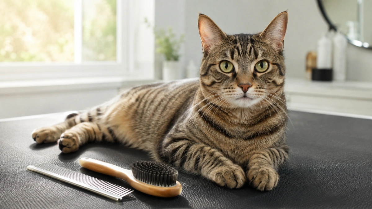 Relaxed cat with a clean healthy naturally groomed coat after an appropriate grooming session