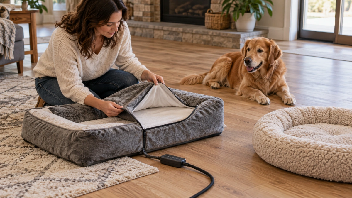 Owner checking heated dog bed size safety and warming features