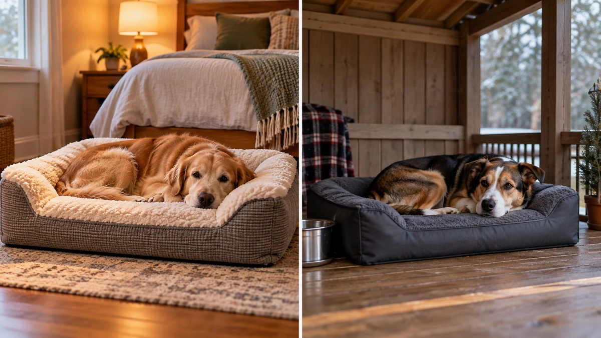 Indoor and sheltered outdoor heated dog bed setups compared