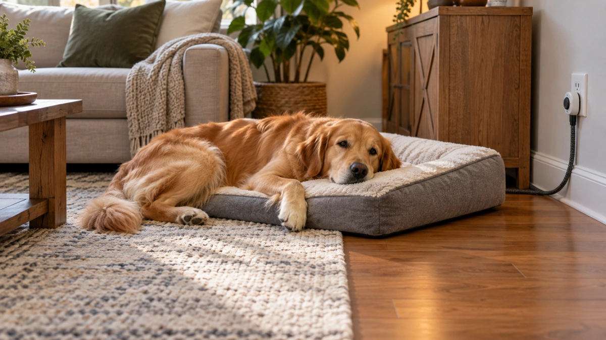 Pet heated dog bed with protected cord and safe open resting area