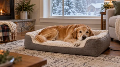 Dog resting safely on a heated dog bed during winter