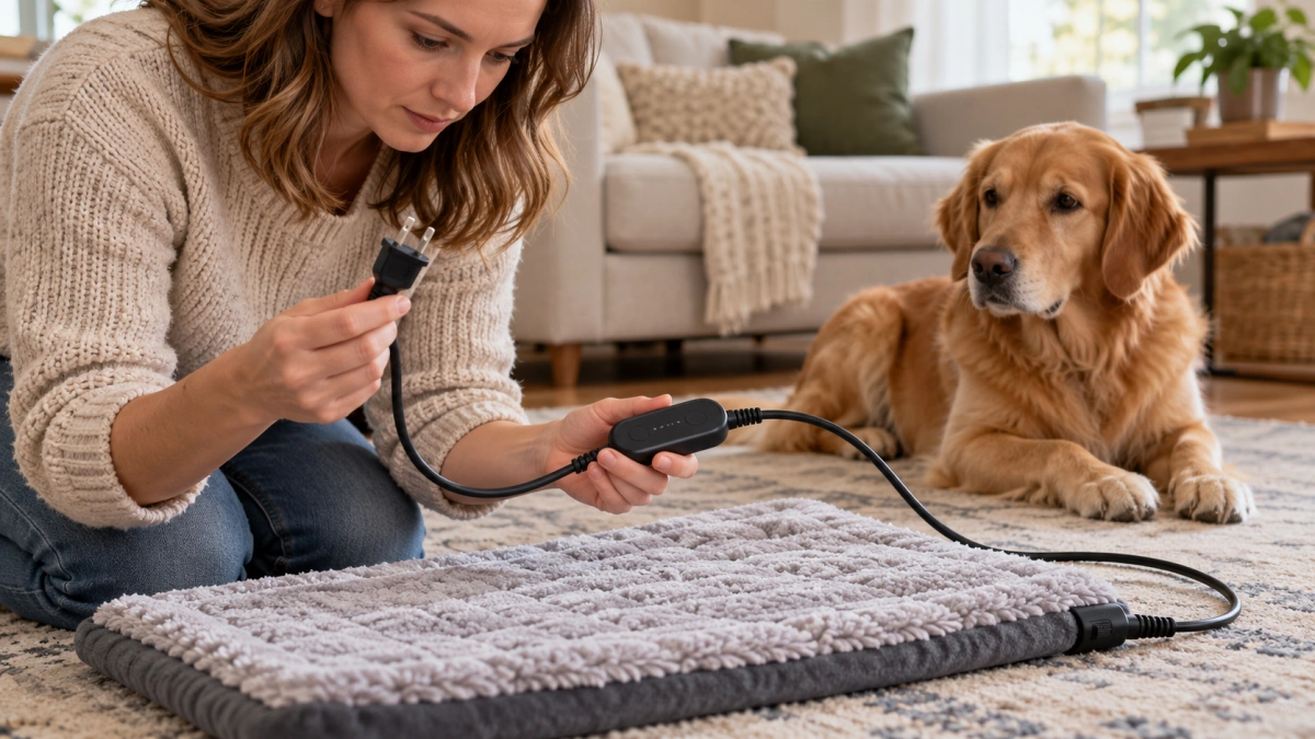 Owner inspecting the cord and controller of a pet heating blanket