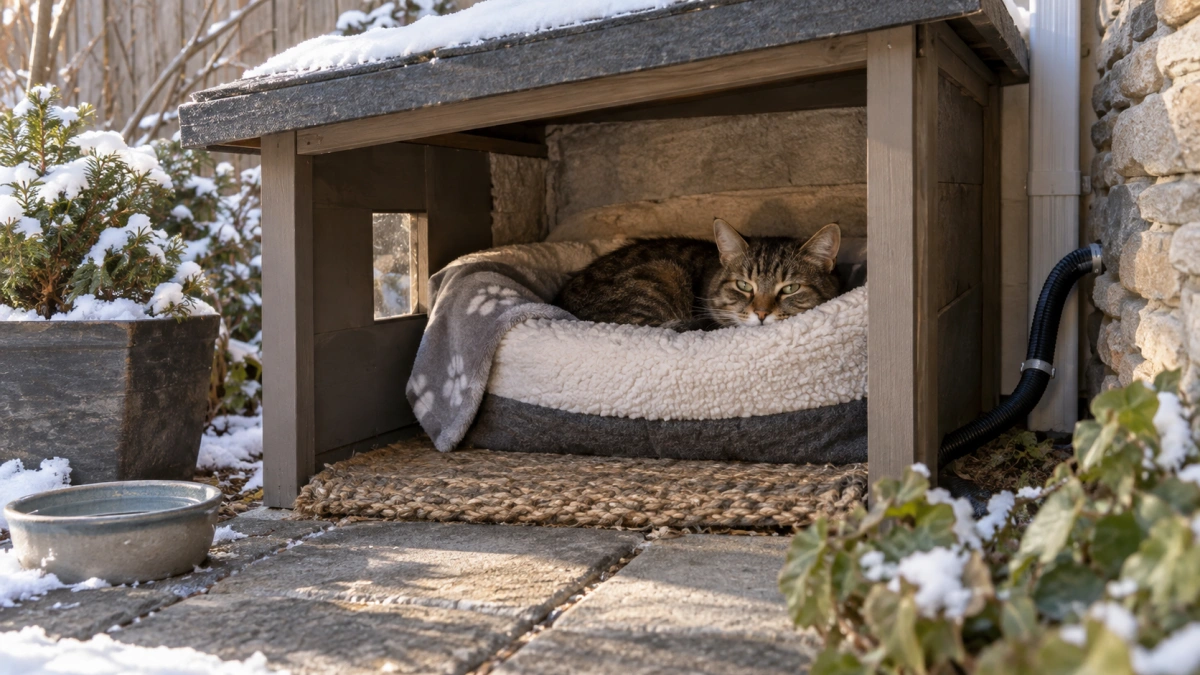 Outdoor heated cat bed with protected heating features