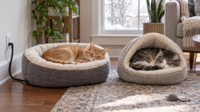 Heated and self warming cat beds compared in a modern home