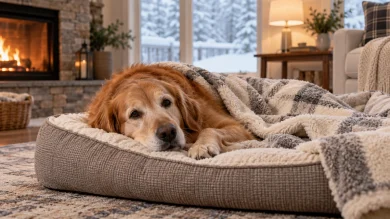 Dog resting comfortably with a warm dog blanket in cold weather
