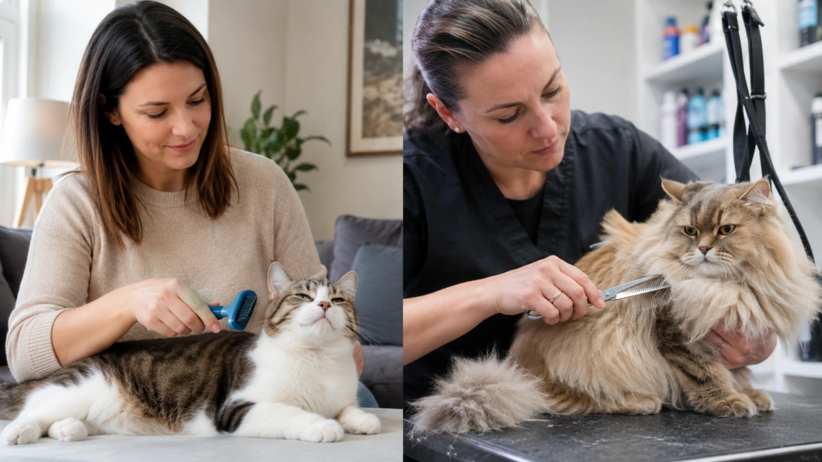 Cat owner brushing a cat at home compared with a professional groomer handling more advanced coat care