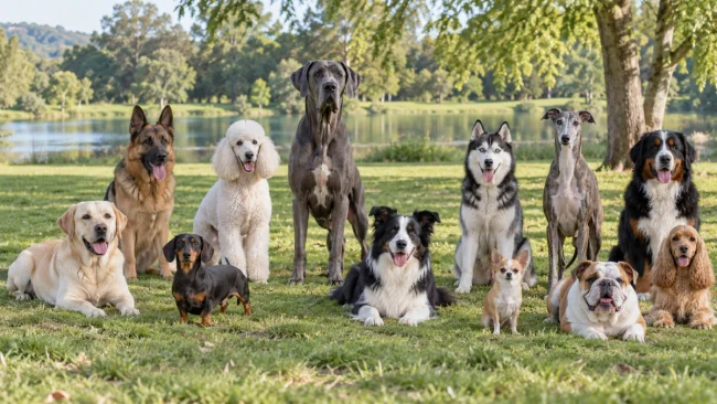 Many different recognized dog breeds gathered outdoors