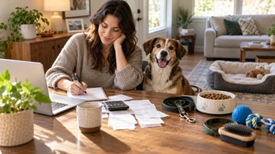 Dog owner planning the cost of caring for a dog at home