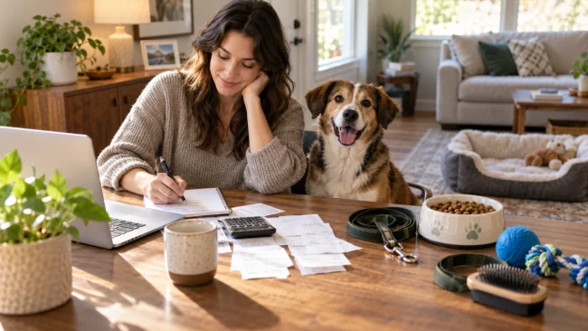 Dog owner planning the cost of caring for a dog at home