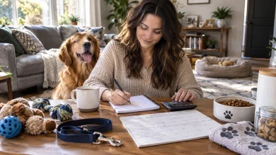 Dog owner planning the cost of dog daycare with a happy dog at home
