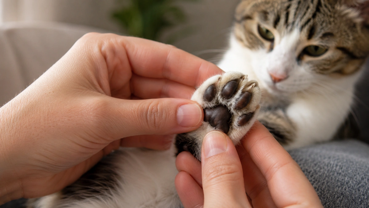 Owner checking a cat's paw pads toes fur and claws
