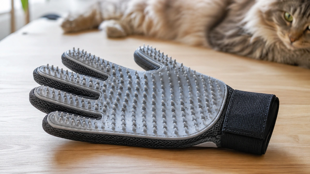 Close-up of a flexible silicone cat grooming glove with soft tips and adjustable wrist strap