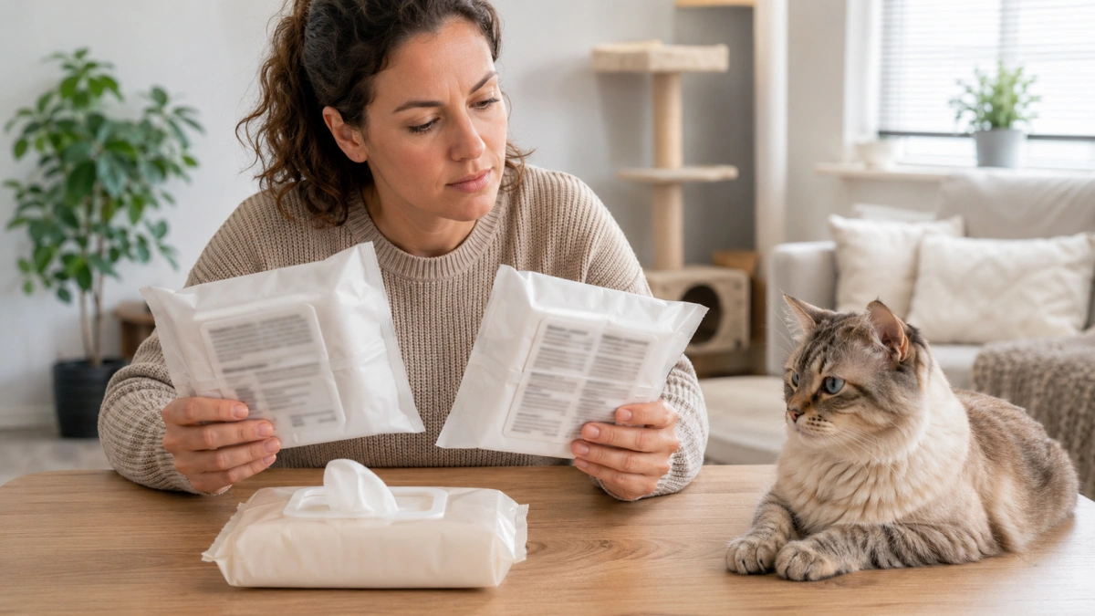 Cat owner checking the directions and ingredient panels on pet grooming wipes