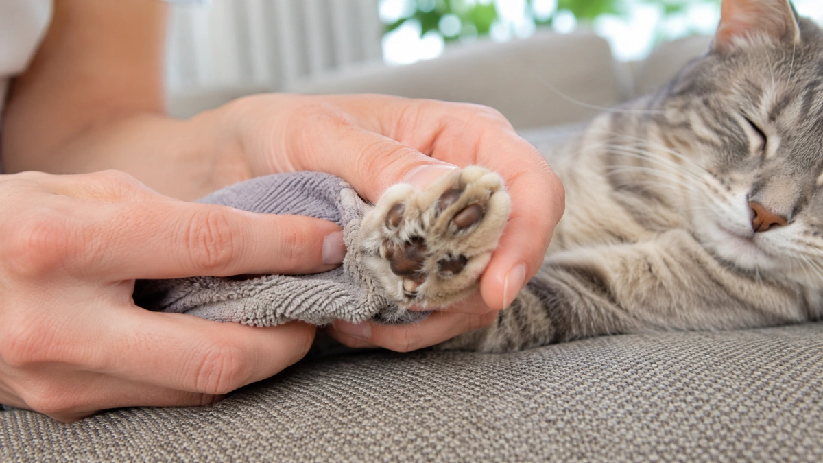 Owner gently cleaning light litter dust from healthy cat paw pads with a damp cloth