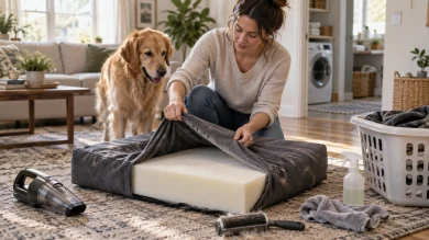 Owner cleaning a dog bed with removable cover and foam insert
