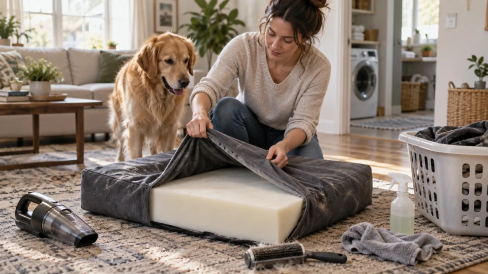 Owner cleaning a dog bed with removable cover and foam insert