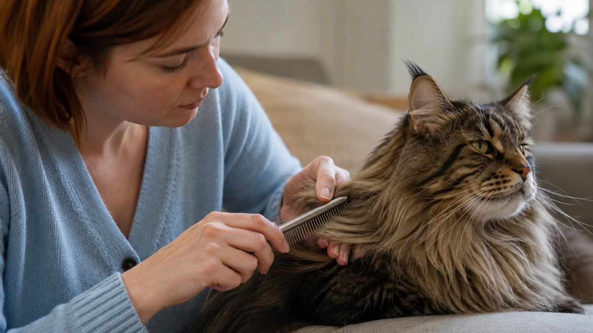 Owner combing a Maine Coon coat carefully in small sections