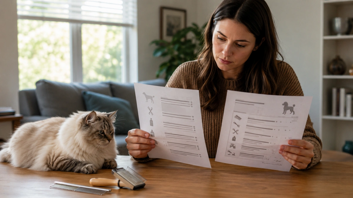 Cat owner comparing two professional grooming estimates by reviewing included services
