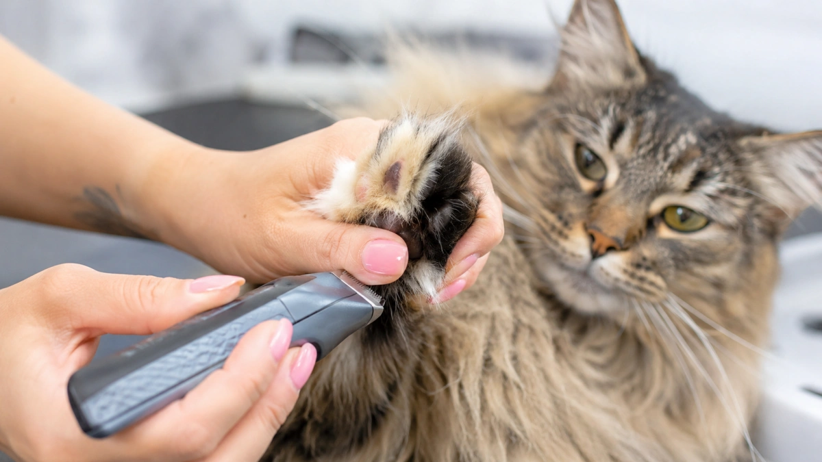 Professional groomer shortening only excess long fur beneath a cat's paw pads