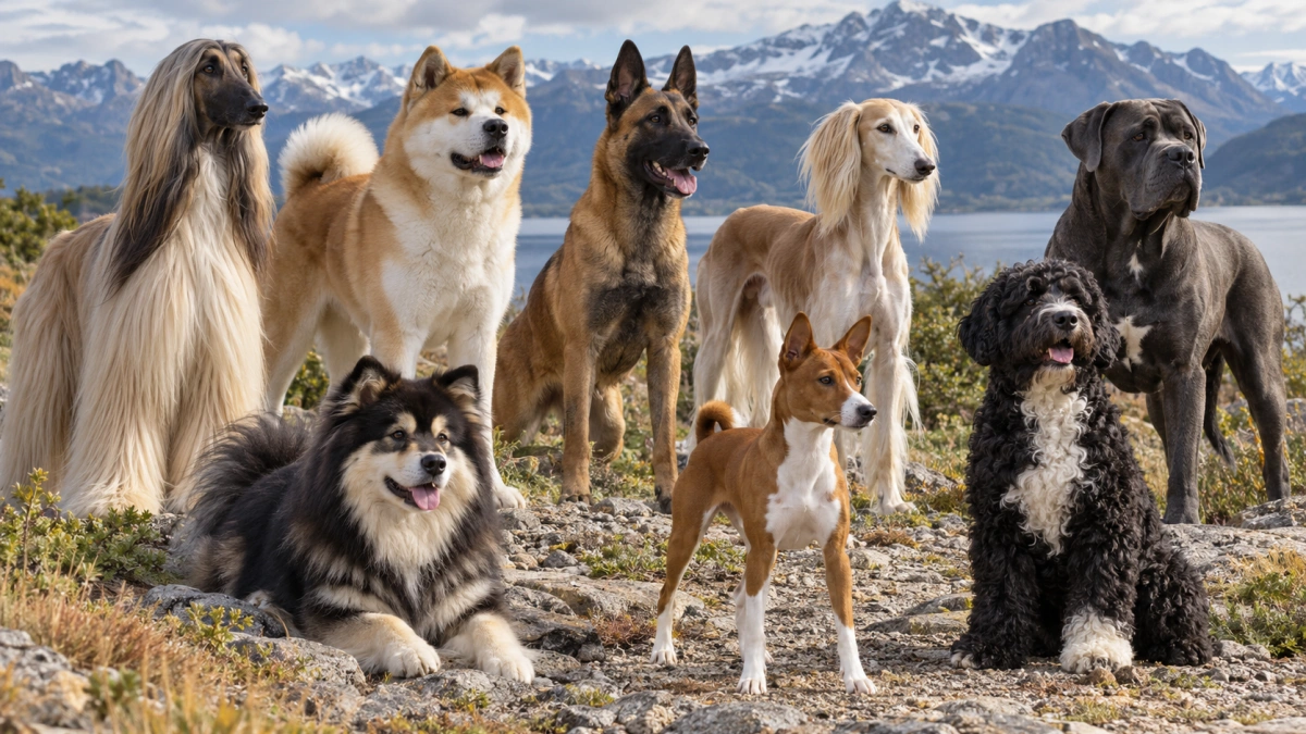 Dog breeds from different regions of the world standing together