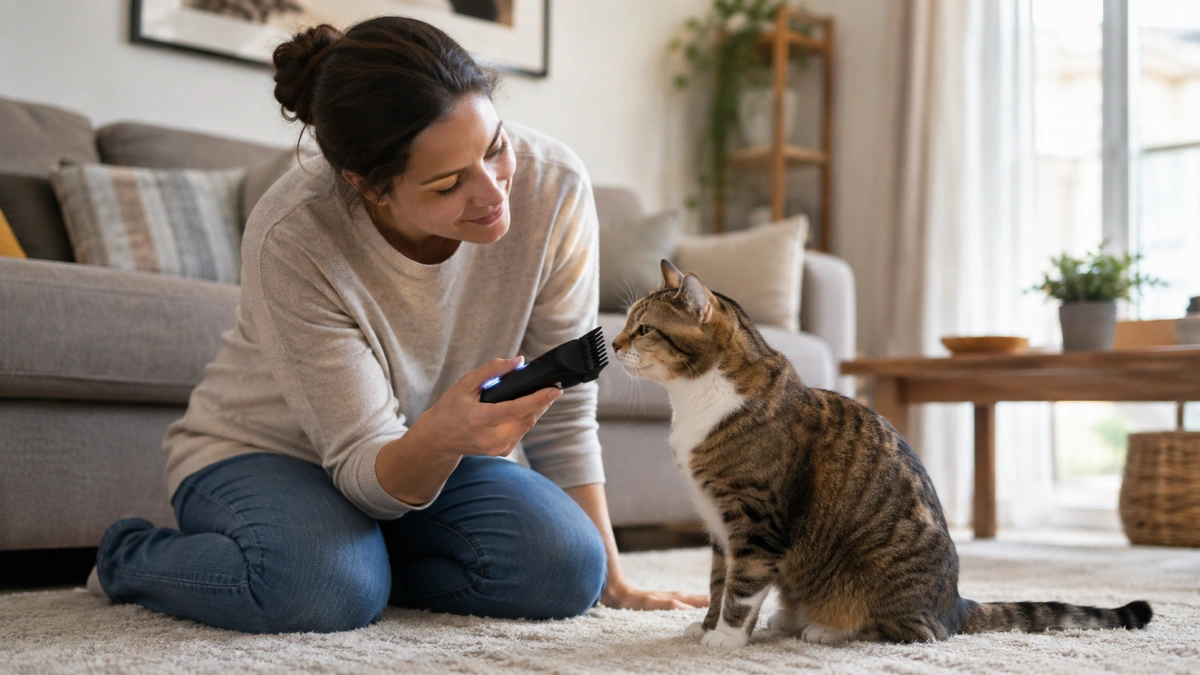 Cat owner calmly introducing a switched on grooming clipper to a relaxed cat