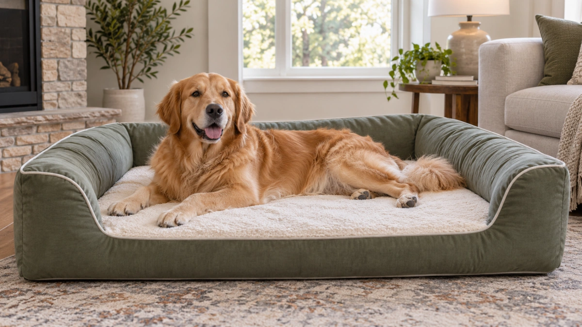 Large dog stretched comfortably inside a correctly sized bolster bed