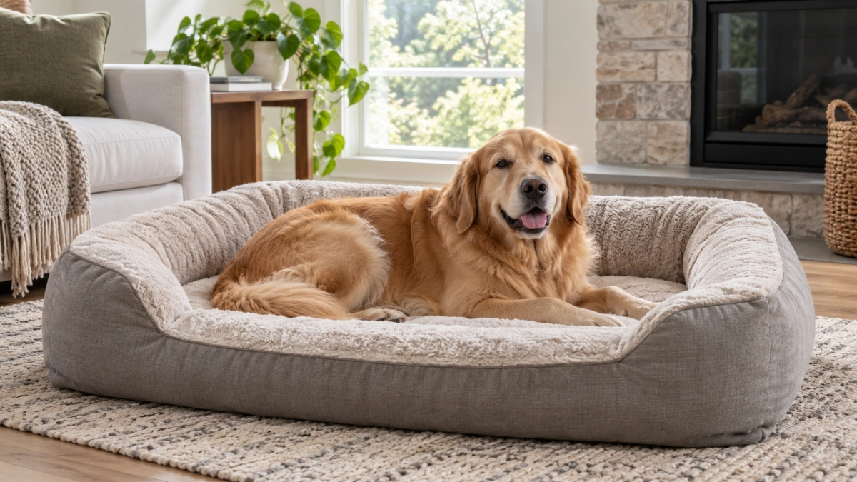 Large dog resting comfortably in a spacious calming dog bed