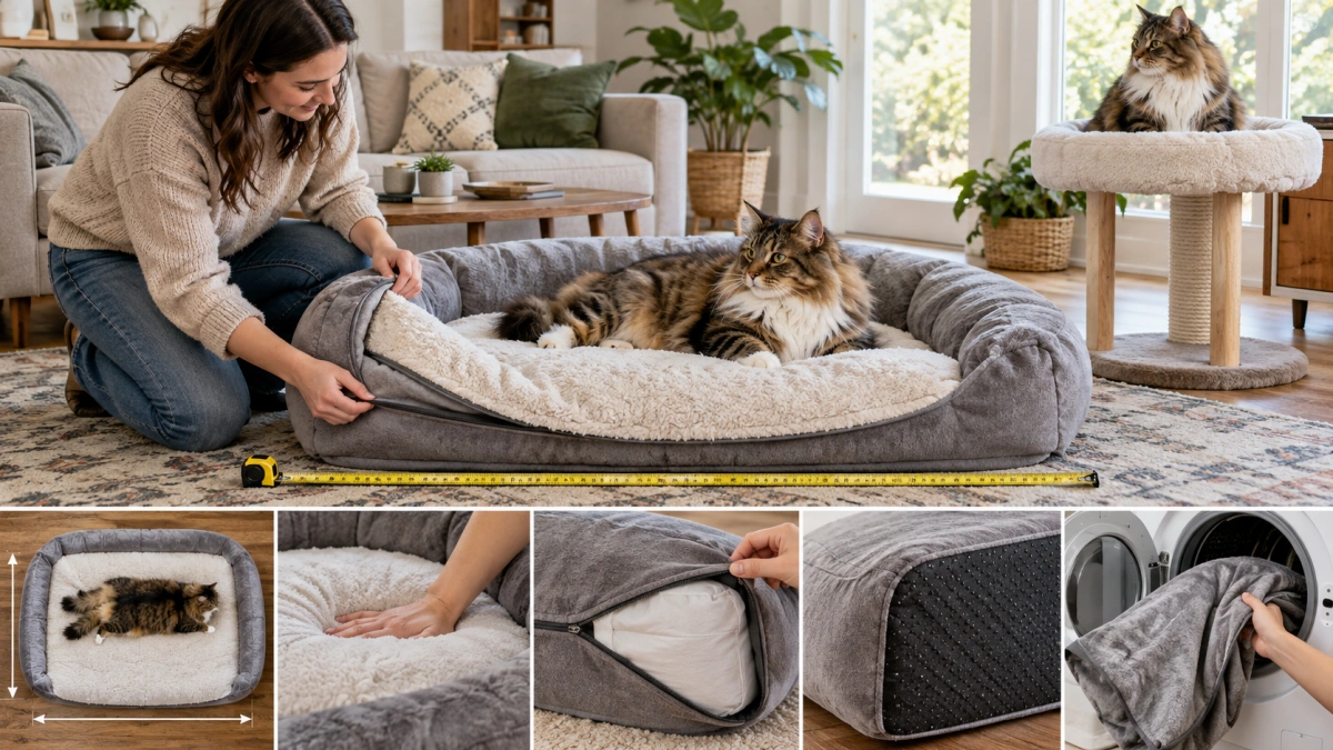 Owner checking size support and construction of a large cat bed