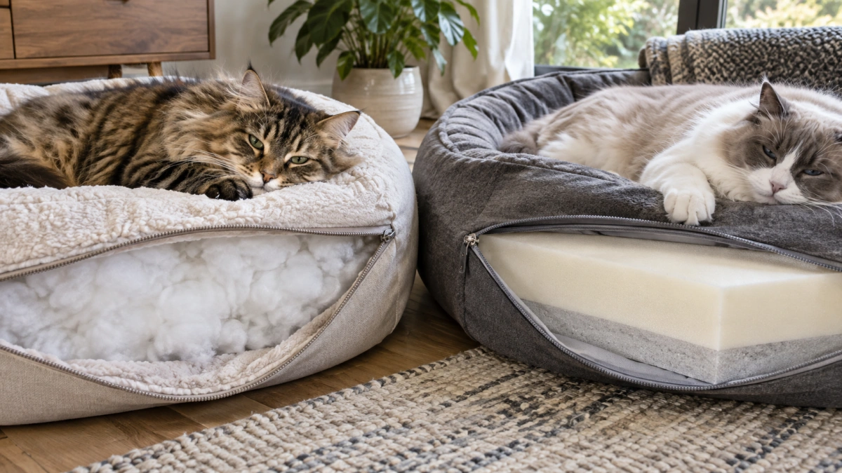 Supportive foam and soft fiberfill compared in large cat beds