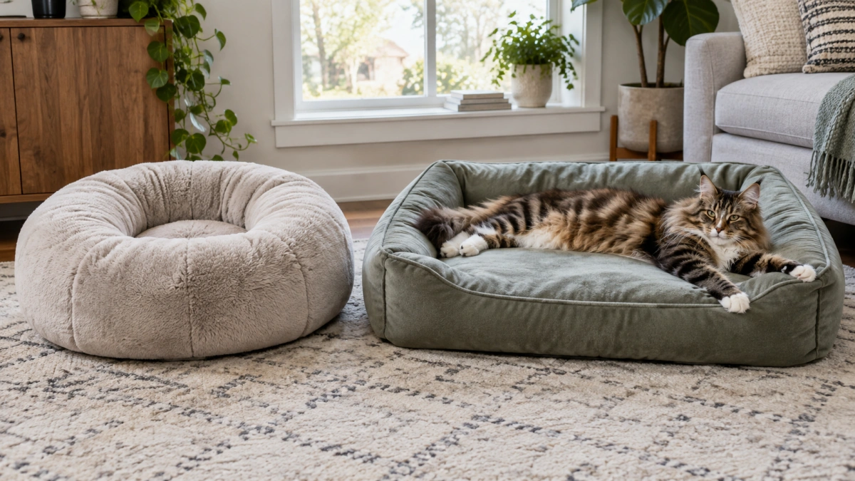 Large cat bed showing usable sleeping area inside thick bolsters
