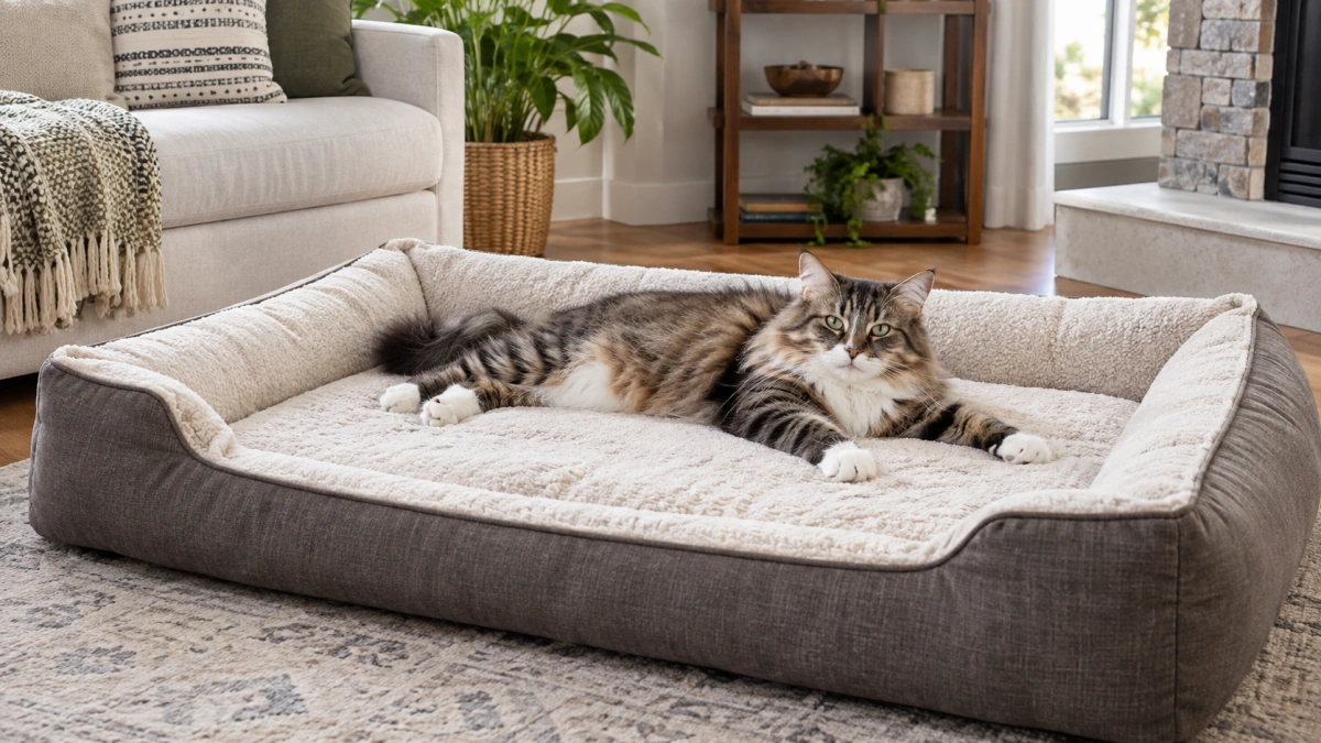 Large cat comfortably using a spacious dog sized pet bed