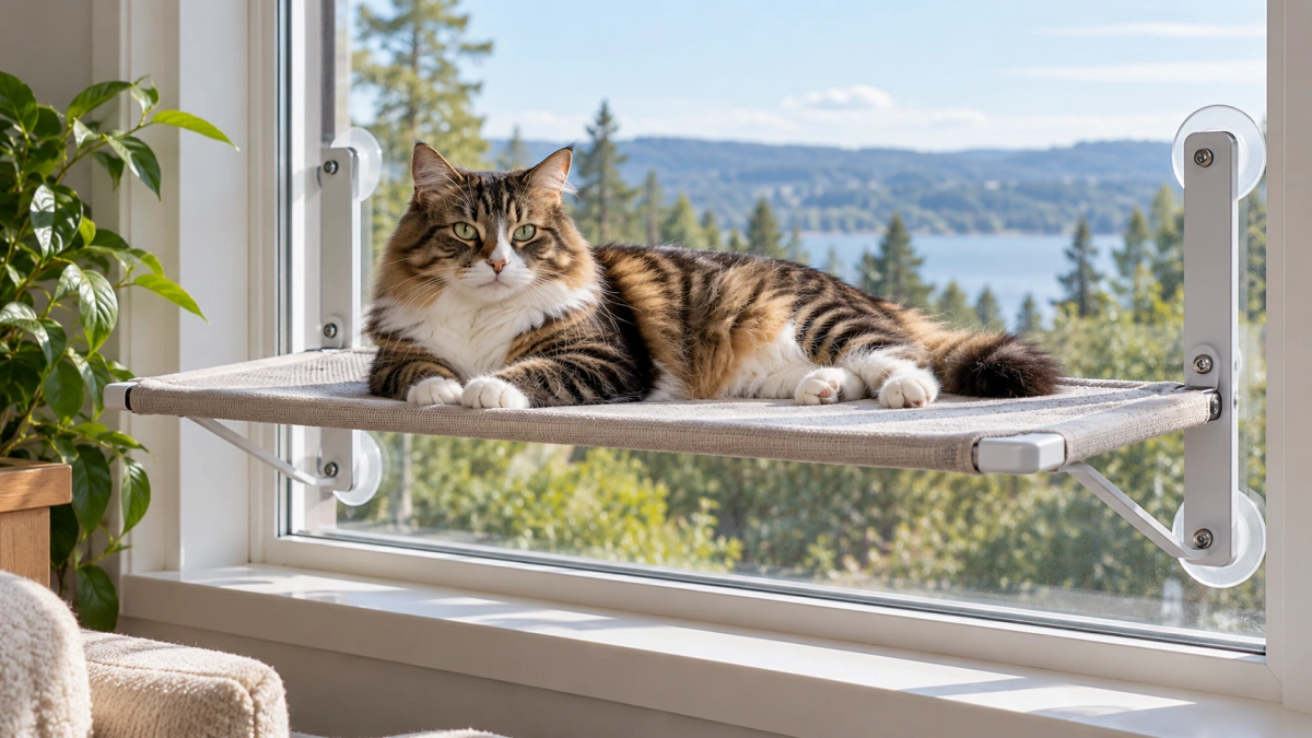 Large cat resting on a reinforced wide window cat bed