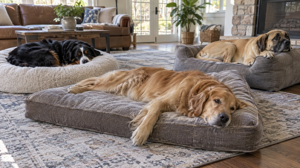 Large dogs with different sleeping styles on suitable beds