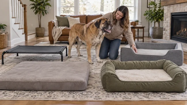 Owner comparing large dog beds for size support and sleeping style