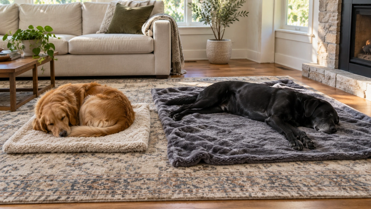 Large dog curled and stretched on different blanket coverage areas