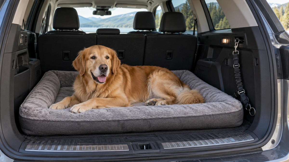 Large dog lying fully on a correctly sized car travel bed