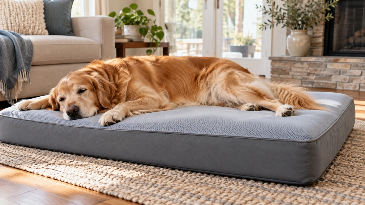 Large dog fully stretched on a correctly sized cooling dog bed