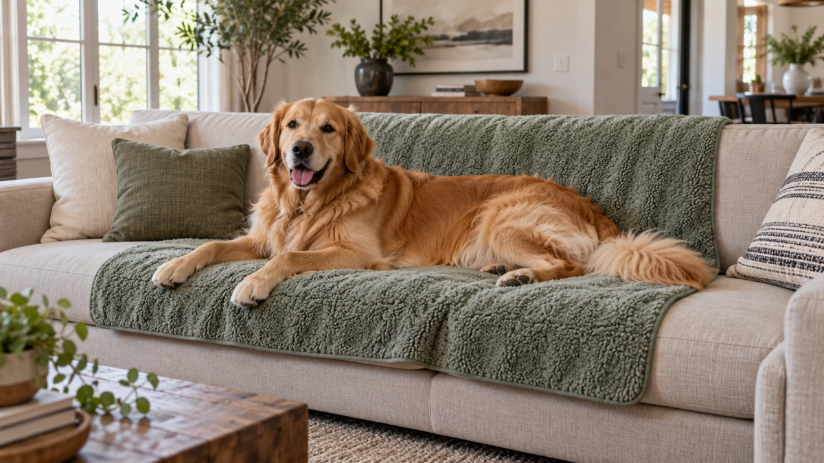 Large dog blanket covering the couch area used by a big dog