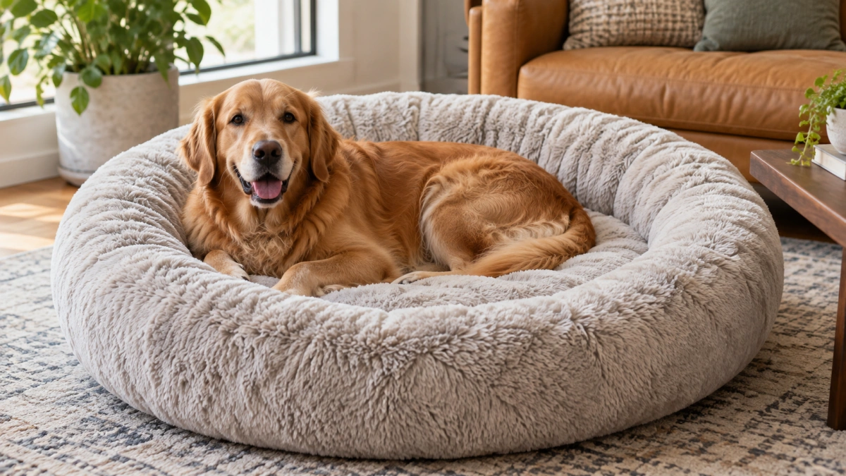 Large dog comfortably curled inside a correctly sized donut bed
