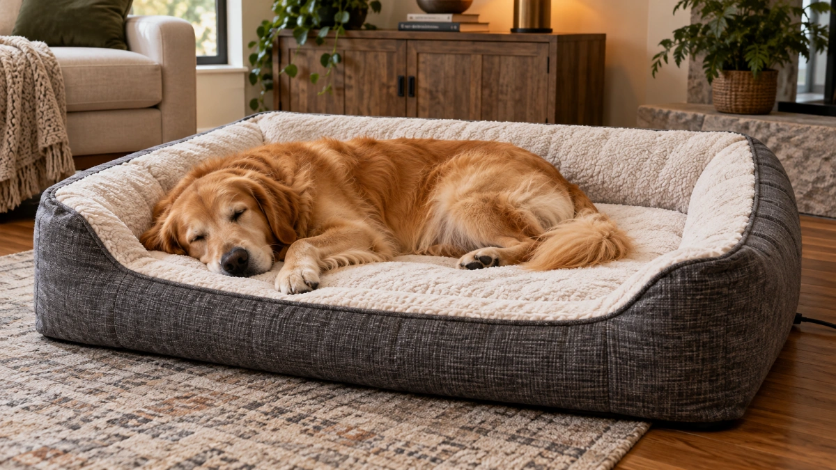 Large dog fully resting on a correctly sized heated dog bed