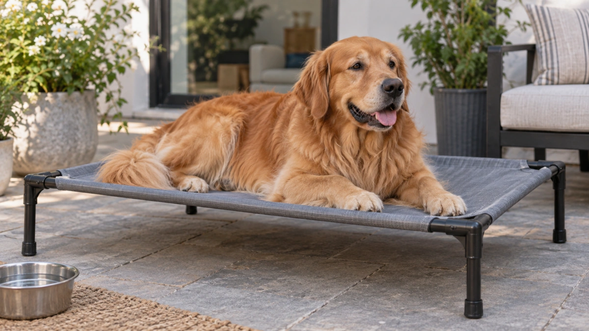 Large dog using a sturdy raised elevated bed