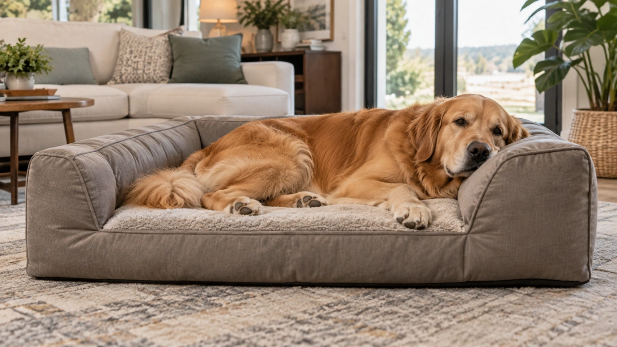 Large dog using a spacious sofa style dog bed
