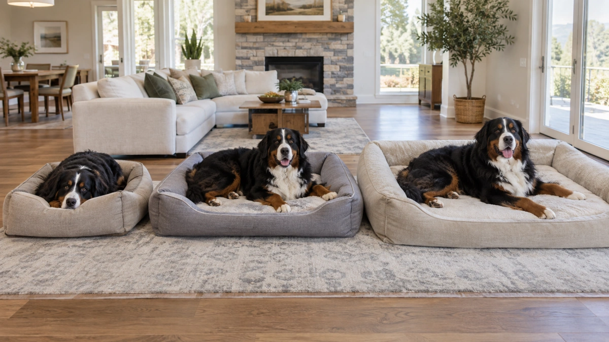 Large dog comparing large and extra large dog bed sizes