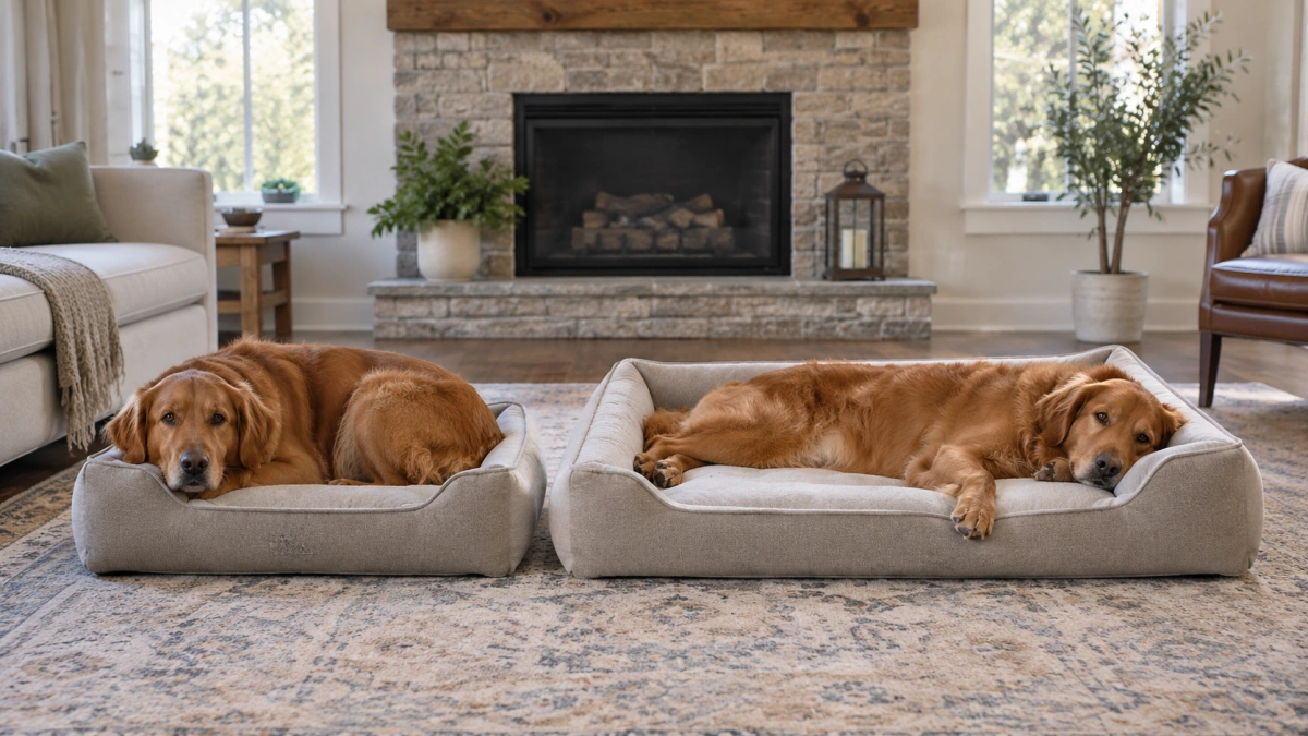 Large dog comparing large and extra large dog bed sizes