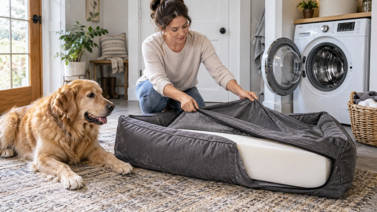 Large dog bed with removable washable cover and separate foam insert