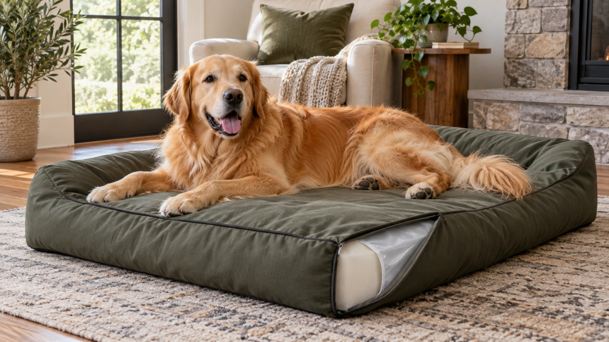 Large dog resting on a spacious waterproof dog bed