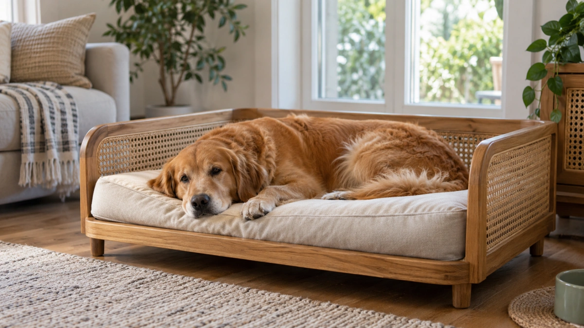 Large dog using a spacious wooden frame dog bed