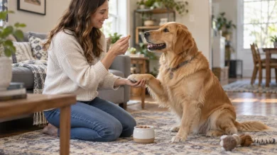 Dog learning behavior through training and positive experiences